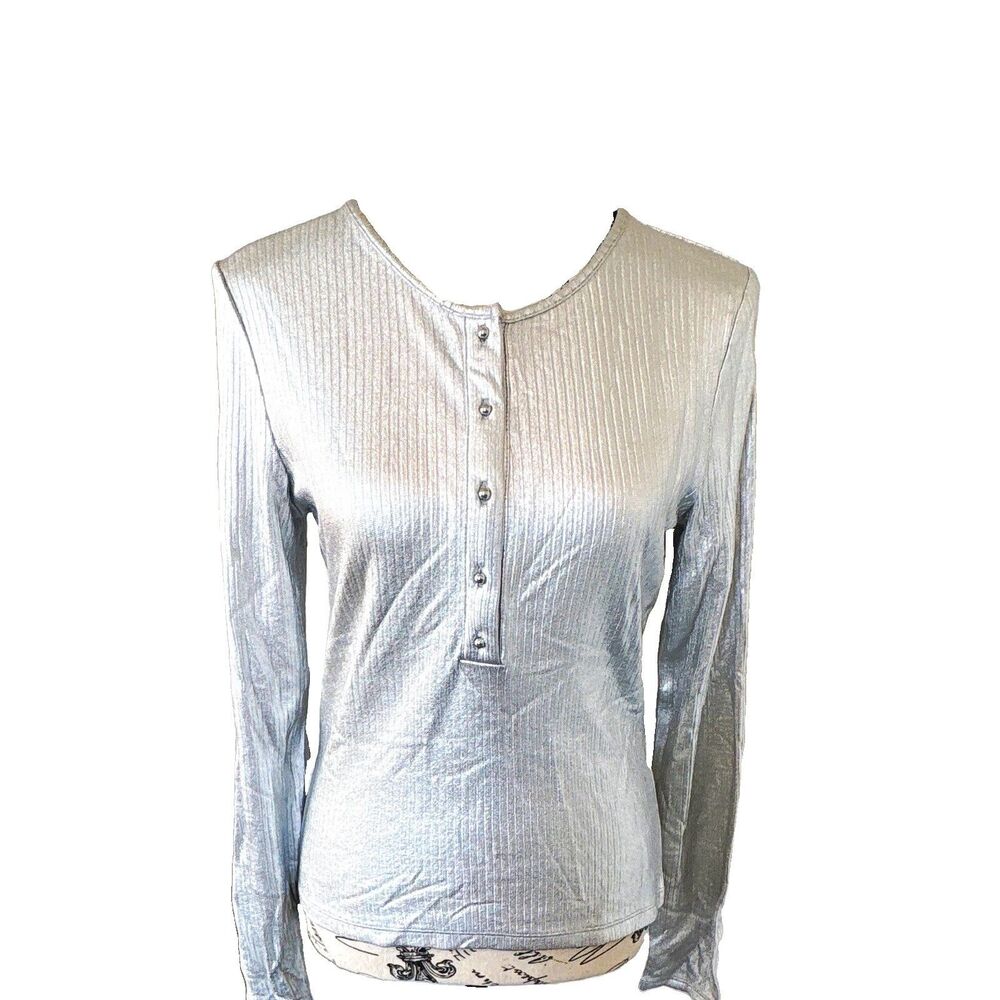 Express Silver Metallic Ribbed Knit Long Sleeve Henley Top Womens Size M